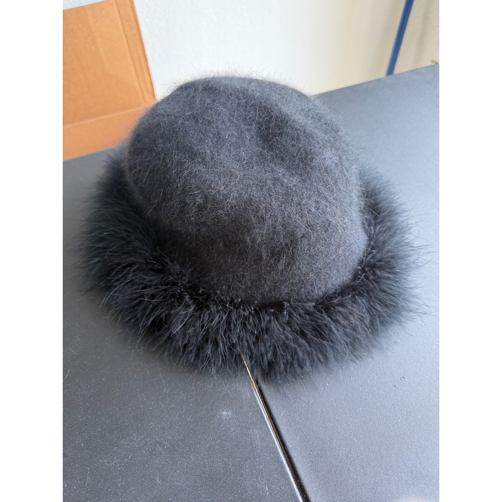 Vintage Black Fuzzy Wool Cloche Bucket Hat with Turkish Fur Trim One Size